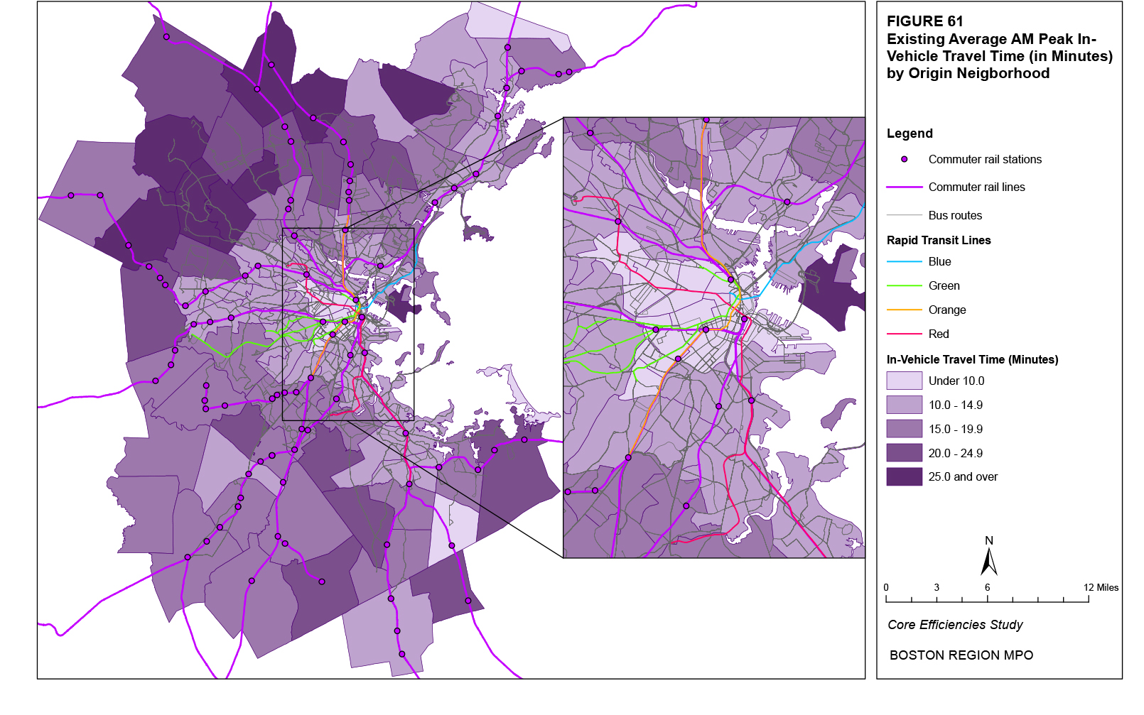 This map shows the existing average AM peak travel times for origin trips by neighborhood.